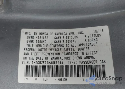 2017 Honda Accord Sport Se из США, поврежденный, VIN 1HGCR2F14HA089495